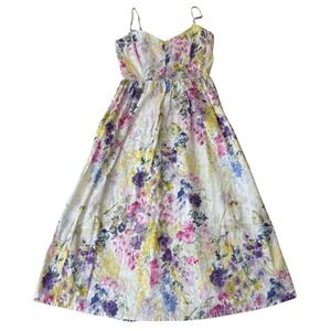 HM Linen Blend Floral Midi Dress Small Watercolor Sweetheart Smocked Back Summer